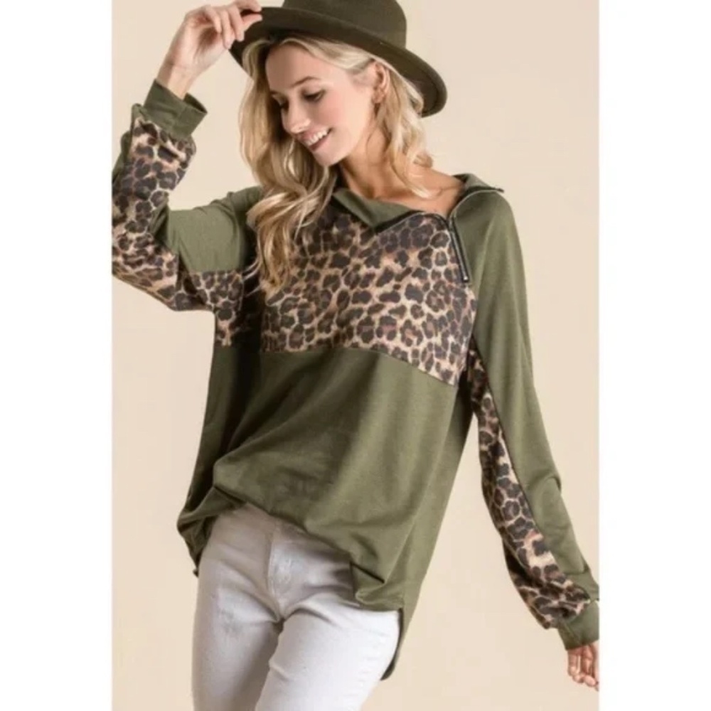 Olive Leopard Raglan Zipper Pullover Top - Picture 7 of 11